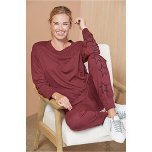 SUNDRY Evereve Varsity Star  Pullover Crewneck Sweatshirt in Burgundy // M